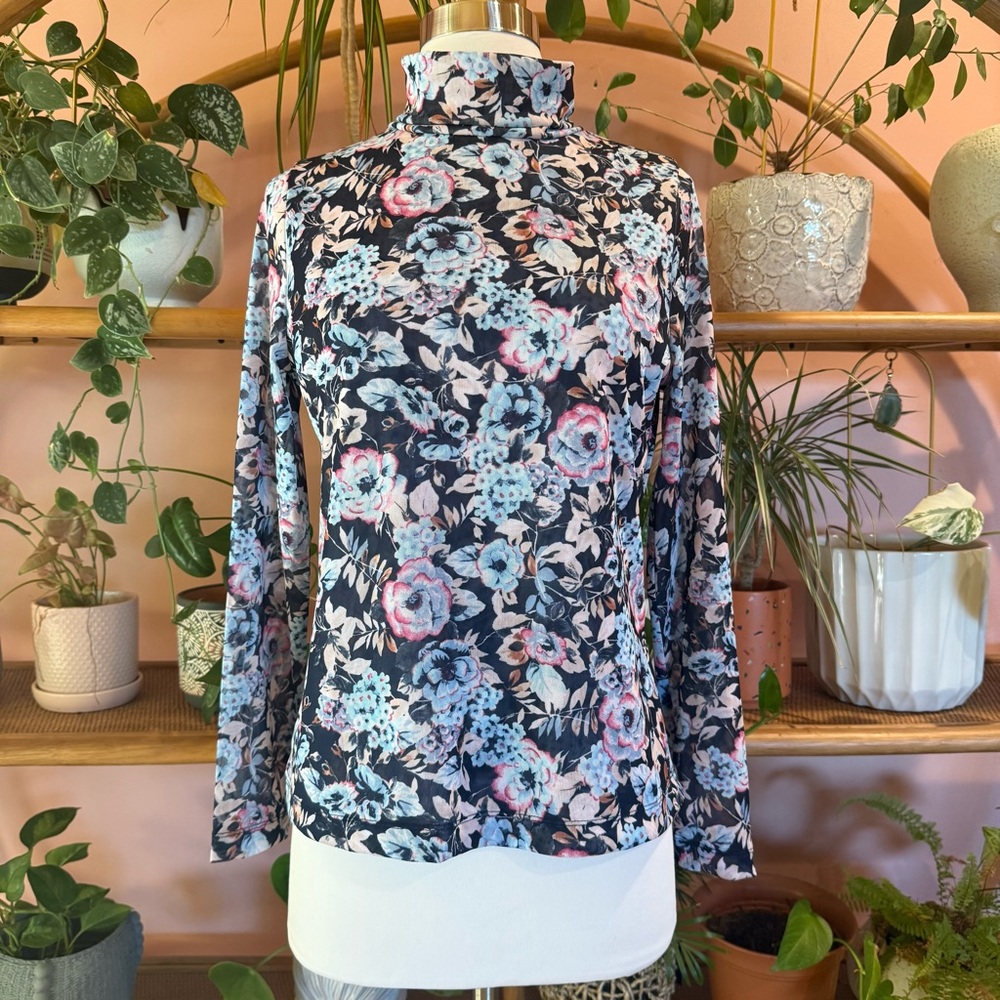 Banana Republic Blue Floral Mesh Turtleneck Fitted Long Sleeve Blouse Small - Picture 3 of 9